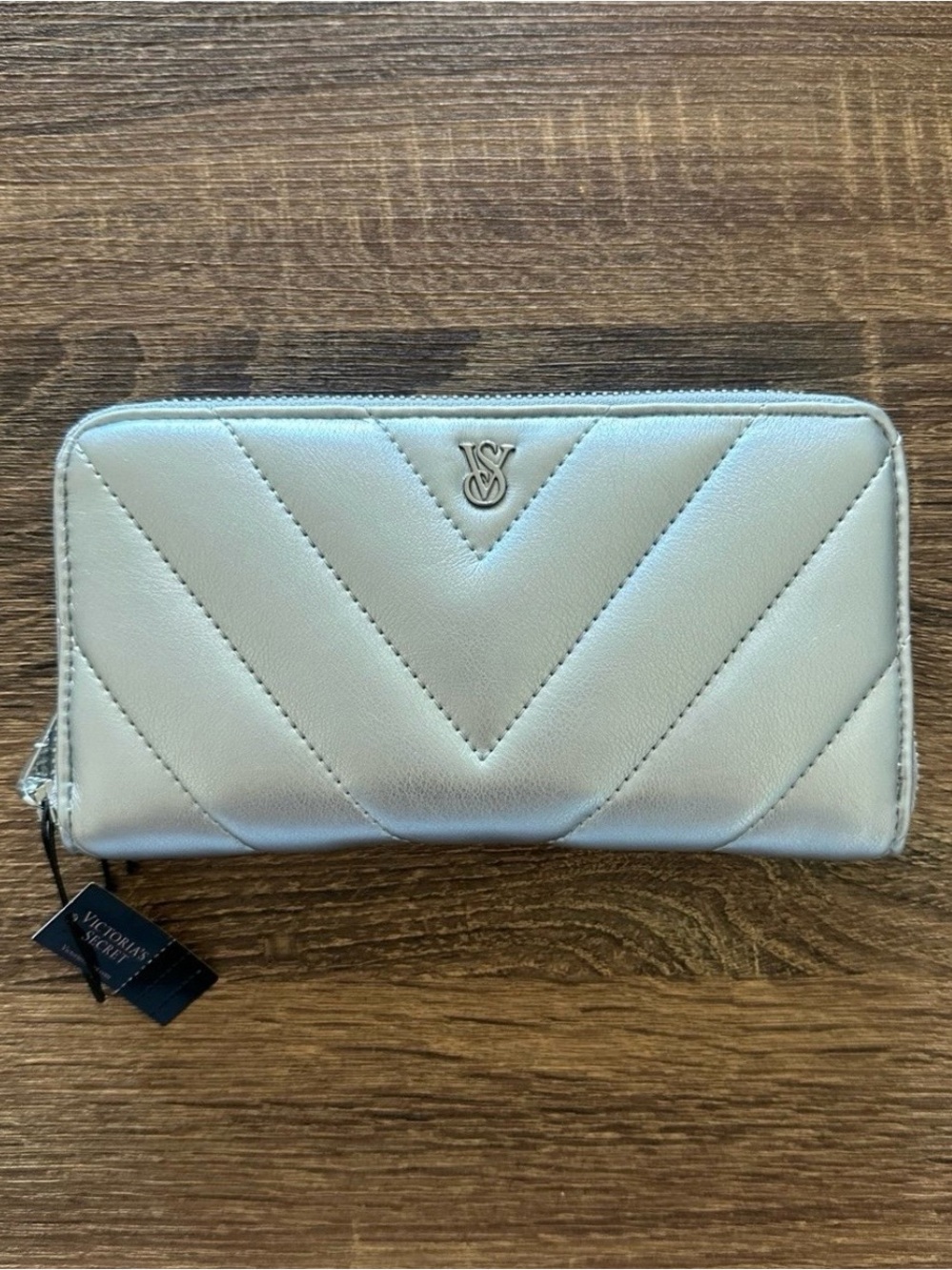 Victoria's Secret Metallic Silver Quilted Zip-Around Wallet